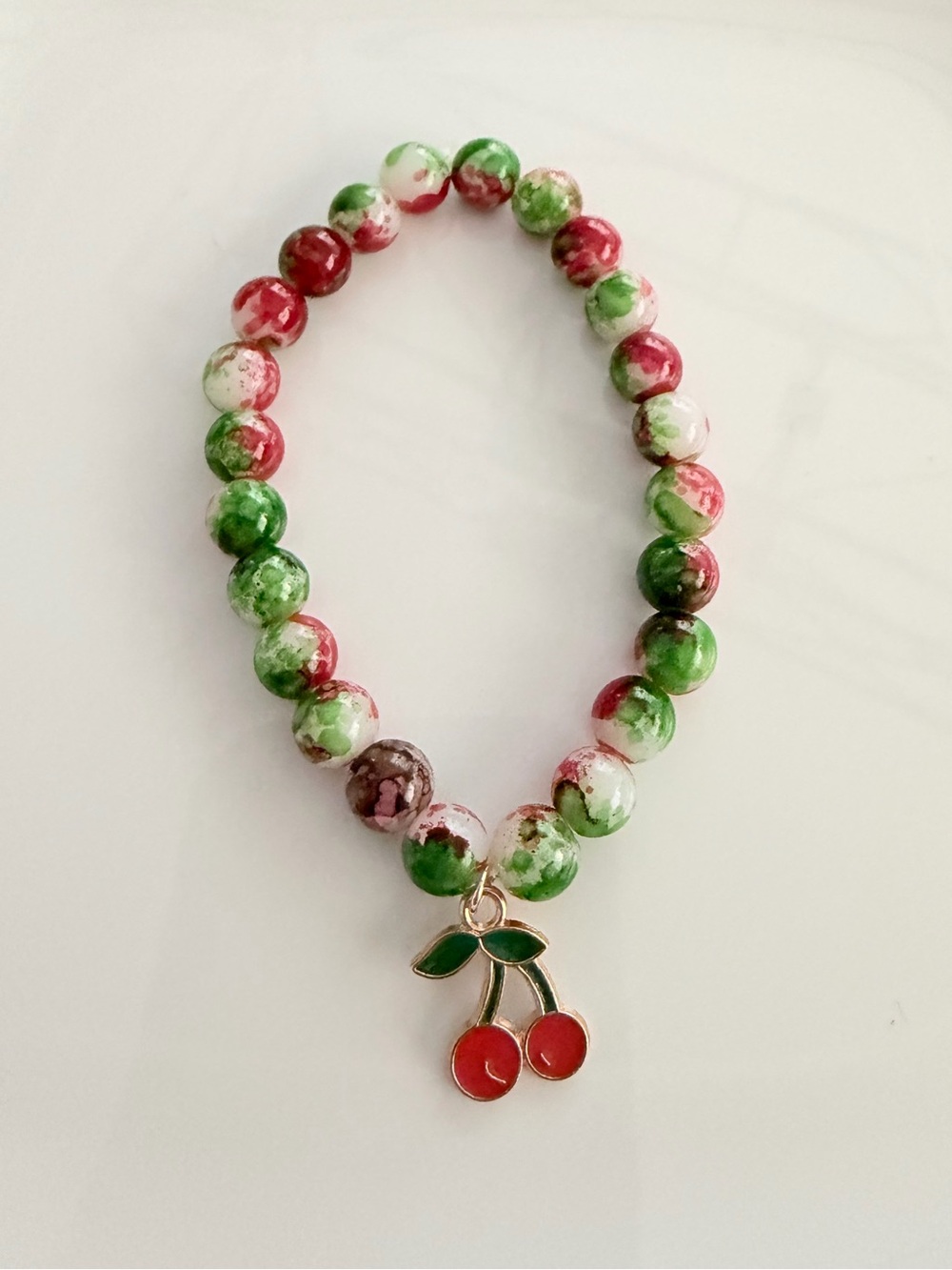 Handmade Green & Red Beaded Bracelet with Cherry Charm